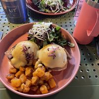 Vegan tofu bacon eggs benedict + iced dirty chai with almond milkk  at UT47 Manhattan in New York City