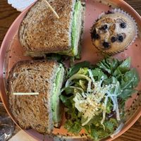 Delicious Mashed Chickpea Salad Sandwich with side salad and bonus muffin    at UT47 Manhattan in New York City