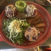 Avocado, Roasted BEET Hummus Toast with a side of tofu bacon. Delicious! (They also included a blueberry muffin)   at UT47 Manhattan in New York City
