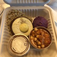 Mochi loco, purple sweet potato salad, chana masala at Peace Cafe - Shibuya Scramble Square in Tokyo