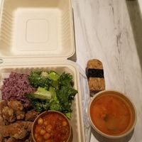lunch box with soup and tempeh sushi sides  at Peace Cafe - Shibuya Scramble Square in Tokyo
