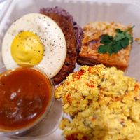 Tofu scramble, tofu egg, potato gratin, vege burger at Peace Cafe - Shibuya Scramble Square in Tokyo