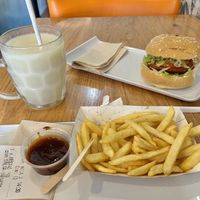 Natural soy burger, french fries with barbecue sauce, melon drink with soy milk.  at Natural Kitchen in Gran Canaria