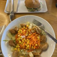 vegan chicken salad and vegan burger   at Natural Kitchen in Gran Canaria