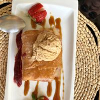 Vegetarian fried custard dessert with nougat ice-creamm  at La Estación in San Pablo De Buceite