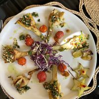 My vegan option, artichokes, grilled and served with parsley, garlic and oil. AMAZING!!  at La Estación in San Pablo De Buceite