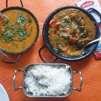 Dhal tadka, aubergine & pepper curry and plain rice at Namaste Nepalese and Indian in Nerja