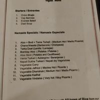 Vegan menu at Namaste Nepalese and Indian in Nerja