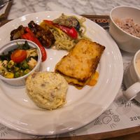 My lunch plate with two mains and three side dishes, and also some rice and soup. at Upgrade Plant Based Kitchen in Osaka