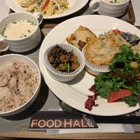 Lasagne, Gyoza, green curry noodles, kale salad, deconstructed Inari salad.  at Upgrade Plant Based Kitchen in Osaka