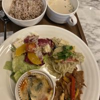 Choice of different salads and mains for lunch.  at Upgrade Plant Based Kitchen in Osaka