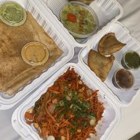 Masala Dosa, Singapore Noodles, and Samosas.  at Neehee's in Hanover Park