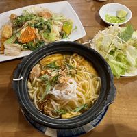 Hue soup and veg stir fry   at Vegan Heaven in Da Lat