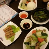 braised veg with rice, fried okra, spring rolls, pak choi with mushrooms at Vegan Heaven in Da Lat