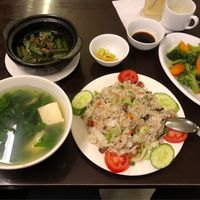 Vietnamese spinach soup, orca veg, rice with veg, vegetables and mushrooms  at Vegan Heaven in Da Lat