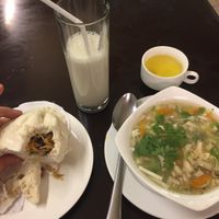 Banh bao (dumpling), combination soup and hot soya milk! at Vegan Heaven in Da Lat