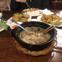 Mushroom Pho, fried cauliflower & eggplant and chilli tofu with rice at Vegan Heaven in Da Lat