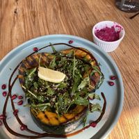 Roasted pumpkin with beetroot hummus on the side ( all vegan 🌱 ) at Little Cove Espresso in New Territories
