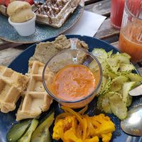 Vegan brunch (had started eating before taking a picture) and vegan waffle at Pardon in Brussels