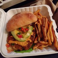 Southwest chipotle burger with fries (little out of focus) at BrickHouse in Patchogue