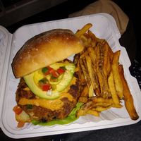 Southwest chipotle burger with fries (in focus but harsh lighting) at BrickHouse in Patchogue