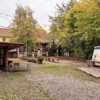 Large outdoor seating (in autumn) at Riithalle in Zurich