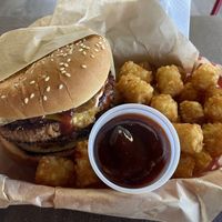 BBQ cheese burger with tater tots.  at Nice Burger - Costa Mesa in Costa Mesa