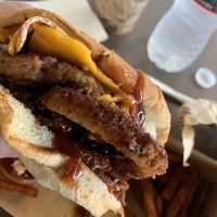 BBQ Bacon Cheeseburger -or what’s left of it.  at Nice Burger - Costa Mesa in Costa Mesa