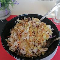 first salad on the menu - cabbage, carrots with mustard sauce (vegan) at Tis Mammis Sou in Rhodes