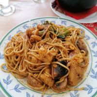 vegan Spaghetti Carbonara at Tis Mammis Sou in Rhodes