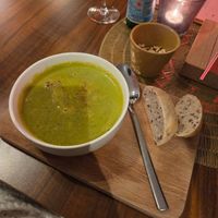 Soup of the day. It had cream cheese and bacon at Atelier Flori in Bruges