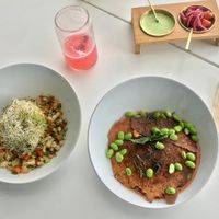 Cauliflower rice with veggies and zucchini noodles with edamame and vegan cheeze at Greenery in Cuernavaca