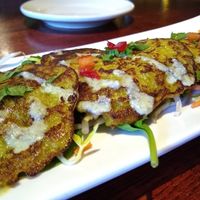 Spaghetti Squash Cakes with a caper tofu coulis at Cafe Sunflower in Sandy Springs