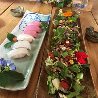 Mushroom salad and konjac sushi at Jag Eunbueok 작은부엌 in Jeju