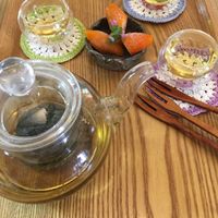 Peppermint tea with Korean traditional tangerine dessert. Gyul jeong gwa.  at Jag Eunbueok 작은부엌 in Jeju