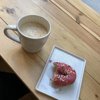 Oat milk coffee latte and The Homer 🍩  at Sunshine Cafe in San Francisco