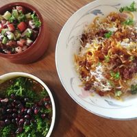 Vegan Fesenjun - sweet & sour tofu stew, walnuts, pomegranate with saffron rice - $18 at Cafe Sunshine & Salama Tea in Sunshine