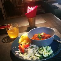 Manchuria vegetable balls and mint lemonade at SOMA Cafe in Vilnius