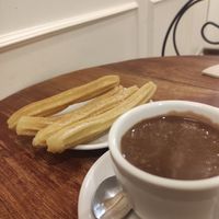 Churros + hot chocolate with soy milk at Petritxol Xocoa in Barcelona