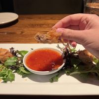 Crispy wontons appetizer- Impossible meat, sweet and tangy sauce  at Cafe Sunflower in Atlanta
