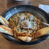Linguine with meatballs and garlic breadd  at Cafe Sunflower in Atlanta