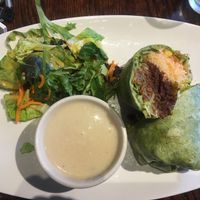 Soy Chorizo burrito with salad and cauliflower-potato soup at Cafe Sunflower in Atlanta
