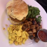 Chicken biscuit with tofu and potatoes on the side at Cafe Sunflower in Atlanta