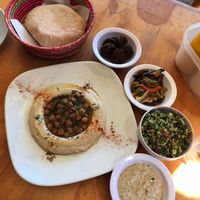 Hummus platter with complementos at Falafel Shalom in Tepoztlan