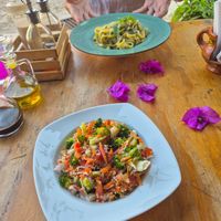 Vegan fettuccine with pesto, quinoa salad at Falafel Shalom in Tepoztlan