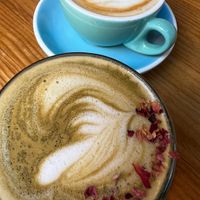 Back: black coffe with oat milk | front : matcha latte, double espresso with oat mil  at Frutas Prohibidas in Madrid