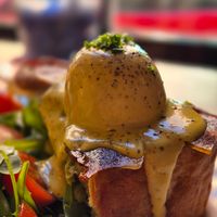 If you miss bacon and eggs, this is an amazing vegan way that tastes just like the original! at Frutas Prohibidas in Madrid