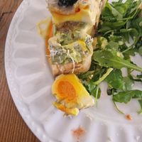 Inside view of the gorgeous, runny vegan eggs at Frutas Prohibidas in Madrid