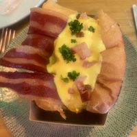 Baconater breakfast sandwich with brioche bread (creamy cheese sauce is incredible)  at Frutas Prohibidas in Madrid