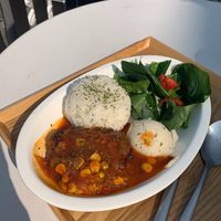 vegan hamburger with rice and potatoes at Vege Bear in Seoul
